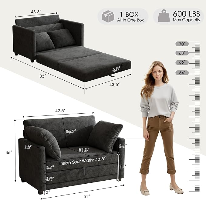 51" Loveseat Sleeper Sofa Bed, Chenille Convertible Floor Sofa Bed for Small Spaces, Folding Couch Bed with Deep Seat, 2 Pillows & Solid Frame, Pull Out Floor Couch for Living Room, Black