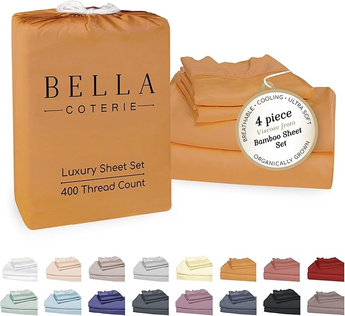 Bella Coterie Luxury Bamboo Viscose Queen Size Sheet Set | 100% Organically Grown | Ultra Soft | Cooling for Hot Sleepers | 18" Deep Pocket [Marigold]