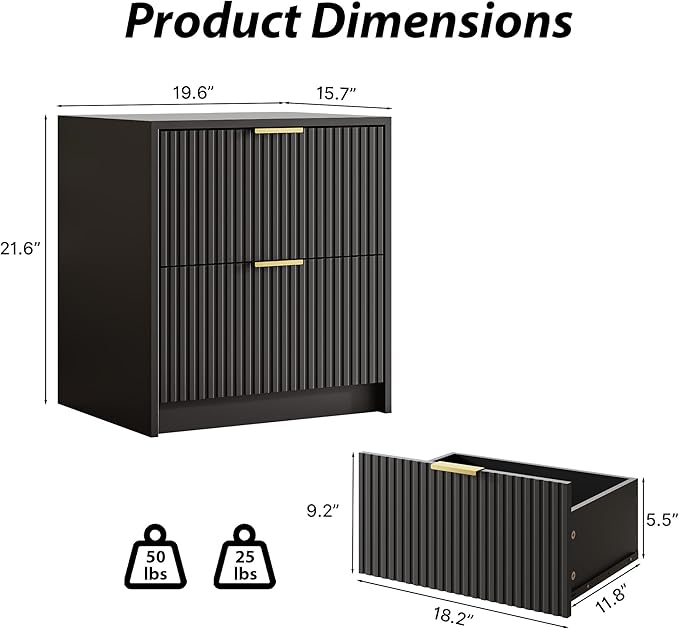 3-Piece Dresser Bedroom Set, 8 Drawer Dresser & 2 Drawer Nightstands with Gold Handles, Fluted Wood Chest of Drawers for Bedroom, Living Room, Entryway, Black