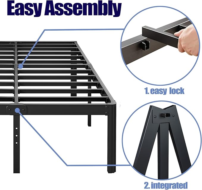 Hunlostten 14in High King Bed Frame No Box Spring Needed, Heavy Duty King Platform Bed Frame with Round Corners, Easy Assembly, Noise Free, Black