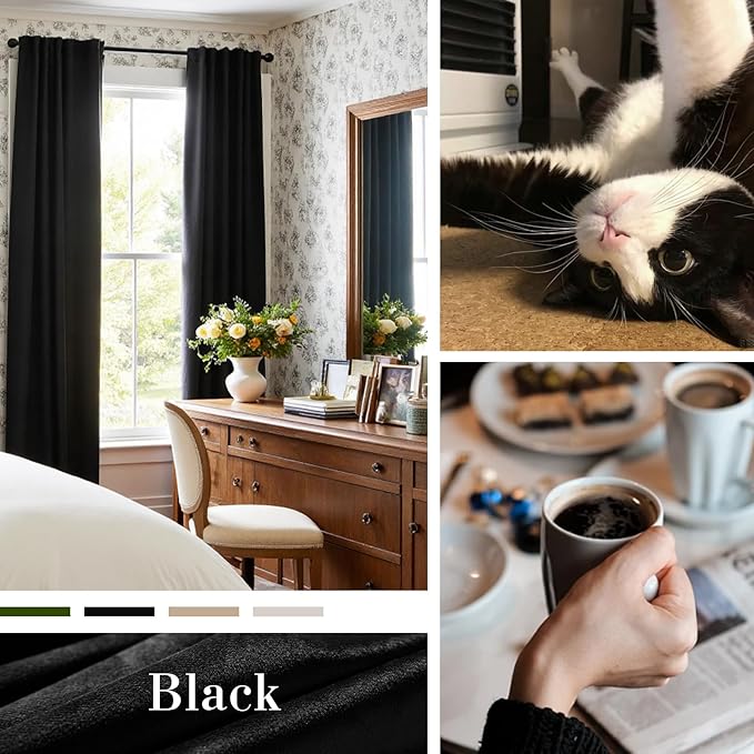 Lazzzy Velvet Blackout Curtains Thermal Insulated Room Window Drapes Super Soft Luxury Curtains for Living Room Bedroom Rod Pocket 2 Panels, Black, 42" W x 96" L