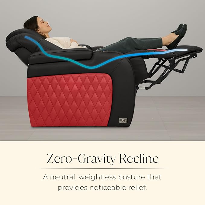Seatcraft Diamante Zero-Gravity CoolZero Italian Leather Home Theater Seating, Power Headrest, Power Recline, Row of 5 Middle Sofa, Black/Red