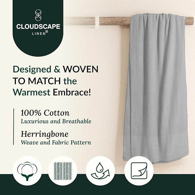 Cloud Scape Linen 100% Cotton Throw Blanket 50x70 Charcoal Grey, Luxury All-Season Warmth, Ultra Soft, Oversized Herringbone Gauze Blanket for Winter, Bed, Couch & Sofa Decor, Best Gift Idea