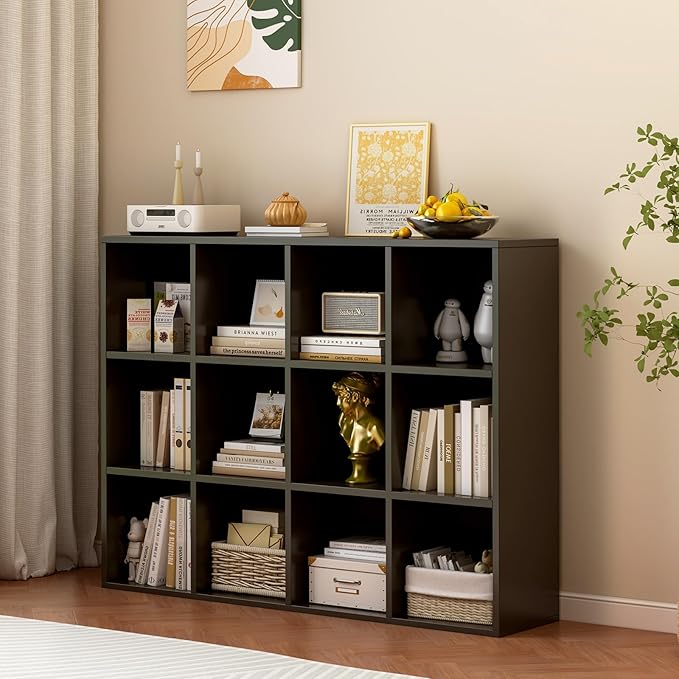 OSCHF 12-Cube Storage Shelf Bookcase - Wooden 3-Tier Floor Standing Open Bookshelf for Home and Office, Display Cabinet, Black