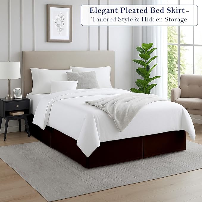 Queen Bed Skirt, Luxury 18 Inch Drop Chocolate Pleated Bed Skirt, Double Brushed Microfiber, Box Pleat Design, Wrinkle & Fade Resistant, Easy Fit Tailored Bedskirt for Queen Size Beds
