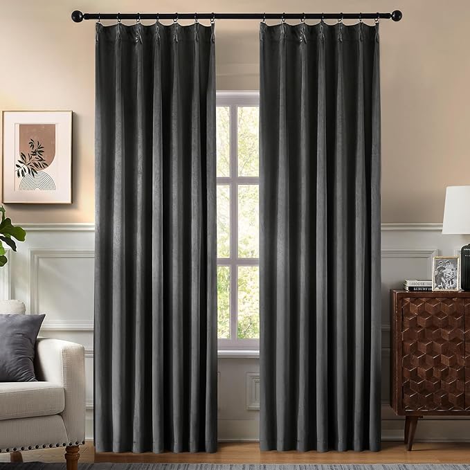 Pinch Pleated 100% Blackout Curtains for Bedroom, Grey Velvet Curtains for Living Room, Black Out Curtain 84 inch Long Room Darkening, Blackout Pinch Pleat Drapes with Hooks 2 Panels