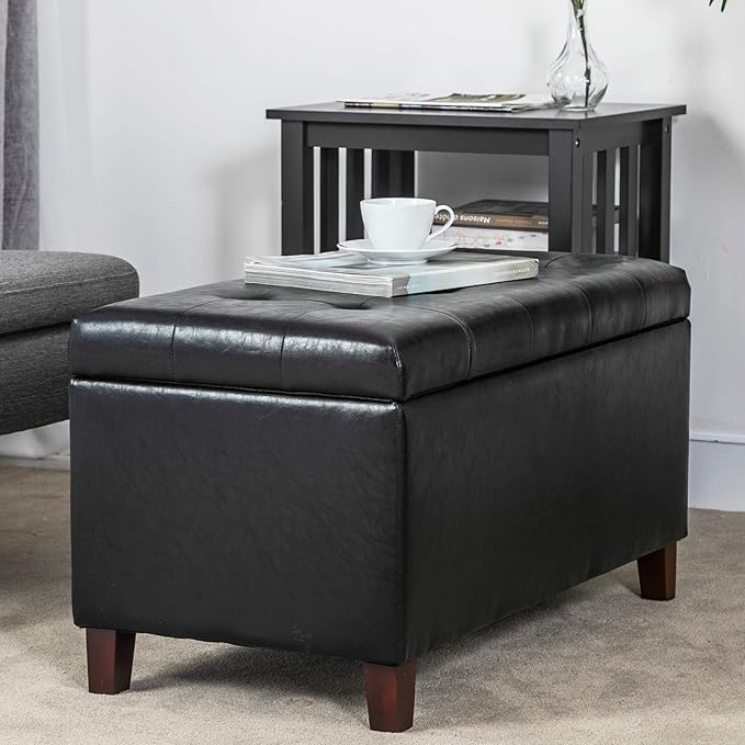 Joveco Storage Ottoman Bench, 33 Inches Faux Leather Rectangle Tufted Foot Stool for End Foot of Bed, Bedroom, Living Room, Black