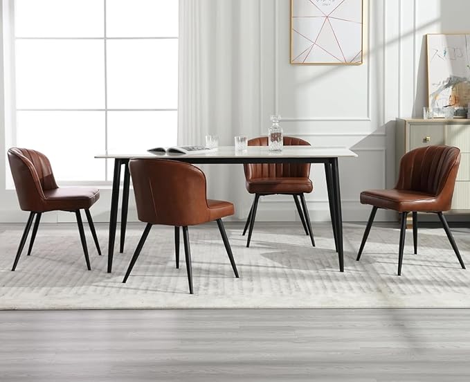 EALSON Modern Dining Chairs Set of 6 Upholstered Leather Accent Dining Room Chairs with Metal Legs Comfortable Armless Kitchen Chairs for Living Room/Dining Room, Brown