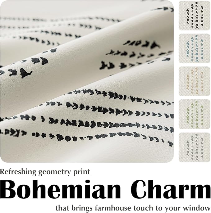 100% Boho Blackout Curtains 96 Inches Long for Bedroom, Black on Beige Patterned Bohemian Curtains for Living Room, Geometric Striped Thermal Insulated Window Drapes Gromment Top 2 Panels