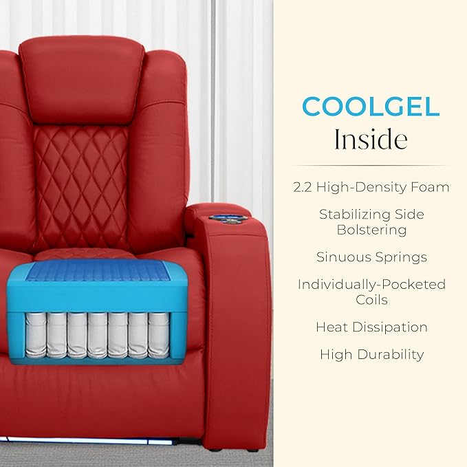 Seatcraft Diamante Zero-Gravity CoolZero Italian Leather Home Theater Seating, Power Headrest, Power Recline, Row of 2, Red