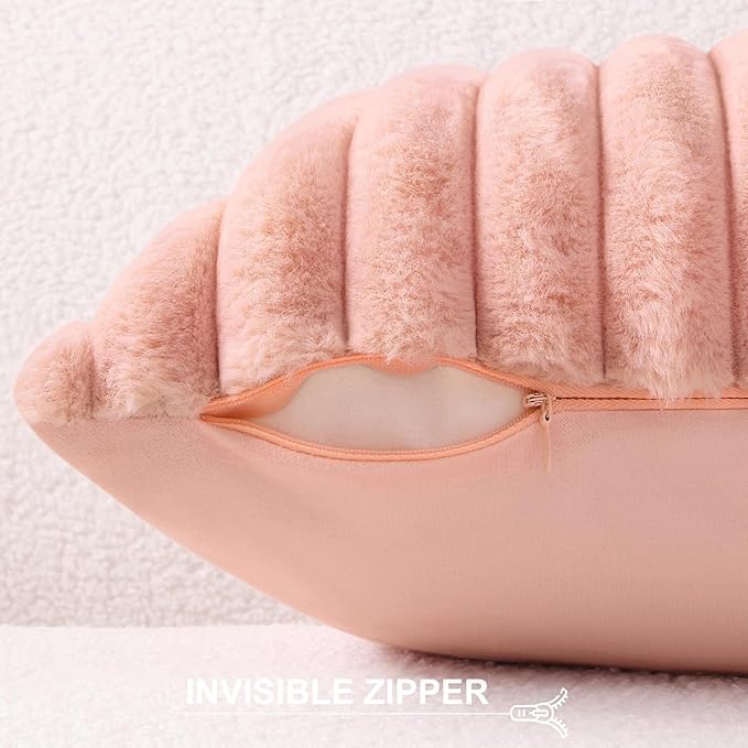Pallene Faux Fur Plush Throw Pillow Covers 26x26 Set of 2, Luxury Soft Fluffy Striped Decorative Pillow Covers for Sofa, Couch, Living Room, Pink