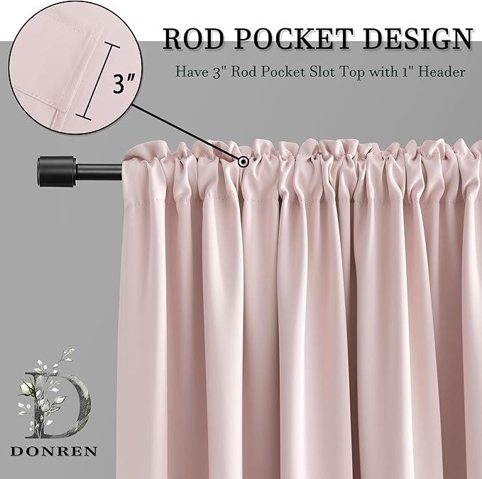 DONREN Light Pink Blackout Curtains 63 Inches Long for Nursery - Blush Thermal Insulated Room Darkening Curtain Panel Pair with Rod Pocket,52 x 63 Inches Long,2 Panels
