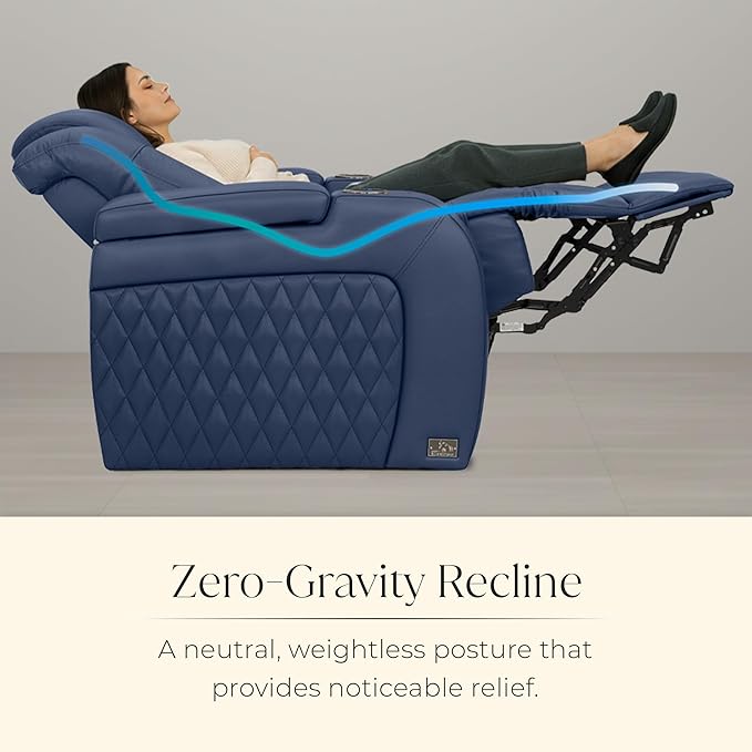 Seatcraft Diamante Zero-Gravity CoolZero Italian Leather Home Theater Seating, Power Headrest, Power Recline, Row of 3, Navy Blue