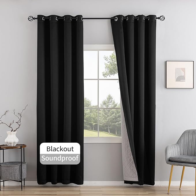 3-in-1 Layers Soundproof Curtains,Grommet Full Blackout Thermal Noise Dampening Curtains for Living Room, Bedroom(1 Panel,Black,50" x84")