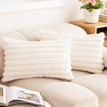 Double-Sided Faux Fur Plush Throw Pillow Covers 12x20 Set of 2 Fuzzy Striped Soft Cozy Pillowcase Luxury Decorative Pillows Rectangle Shaggy Cushion Cover for Couch Sofa Bed,Cream White