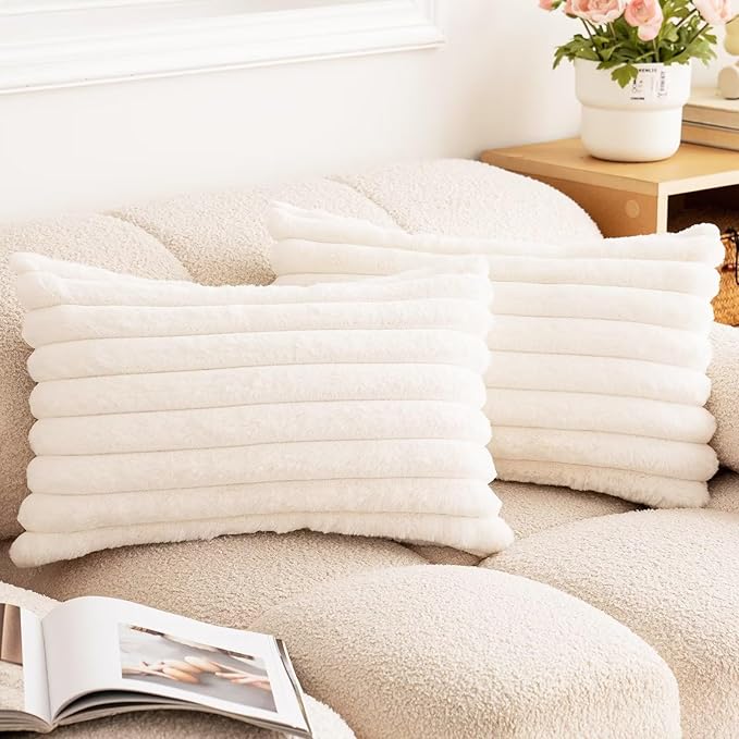 Double-Sided Faux Fur Plush Throw Pillow Covers 12x20 Set of 2 Fuzzy Striped Soft Cozy Pillowcase Luxury Decorative Pillows Rectangle Shaggy Cushion Cover for Couch Sofa Bed,Cream White