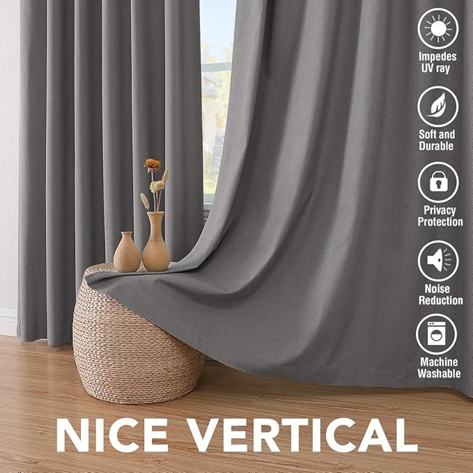 H.VERSAILTEX Linen Curtains 100% Blackout Curtains for Bedroom 102 inch Long Full Light Blocking Nature Linen Blended Window Curtains for Living Room Nickel Grommet (2 Panels, Grey)