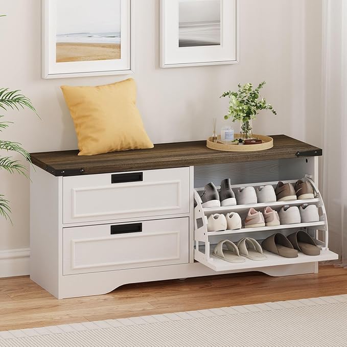 FATORRI Shoe Storage Bench, Entryway Bench with Flip Drawer, Wooden Entry Way Shoe Cabinet for Living Room Hallway (Walnut Brown+White Oak)