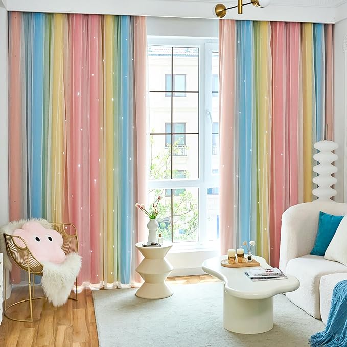 Star Curtains - Blackout & Rainbow Kids Bedroom Curtains, 72 Inch Long, 2 Panels, Red, Yellow & Blue
