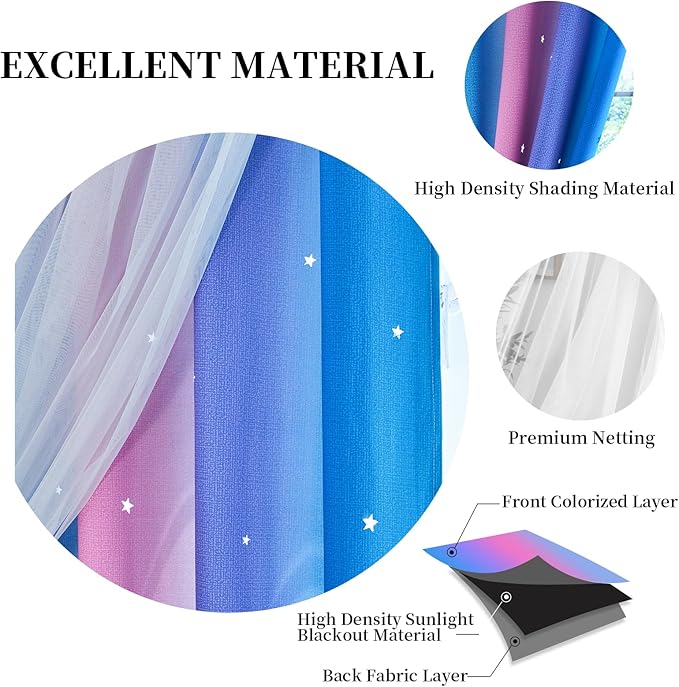 Star Blackout Curtains for Bedroom - Cute Kids Rainbow Curtains, 84 Inch Long 2 Panels, Blue, Purple & Pink, 42 x 84 Inches