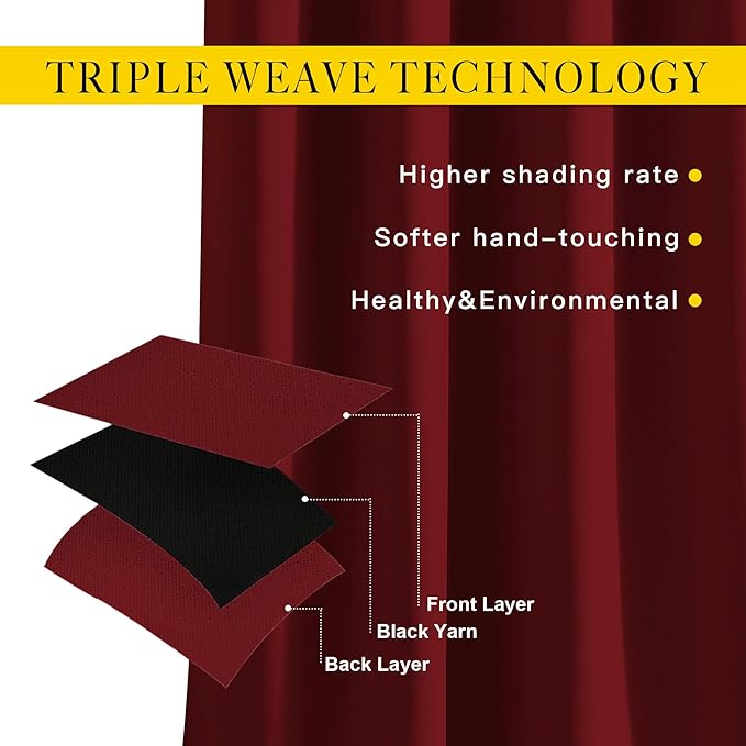NICETOWN Bedroom Blackout Curtains Panels - Triple Weave Energy Saving Thermal Insulated Solid Grommet Blackout Draperies for Patio (80 inches by 108 Inch, Burgundy Red, Set of 2)