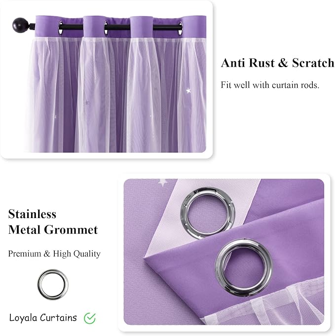Stars Double Layer Blackout Curtains for Bedroom Kids, 96 Inches Long 2 Panels Set, Purple