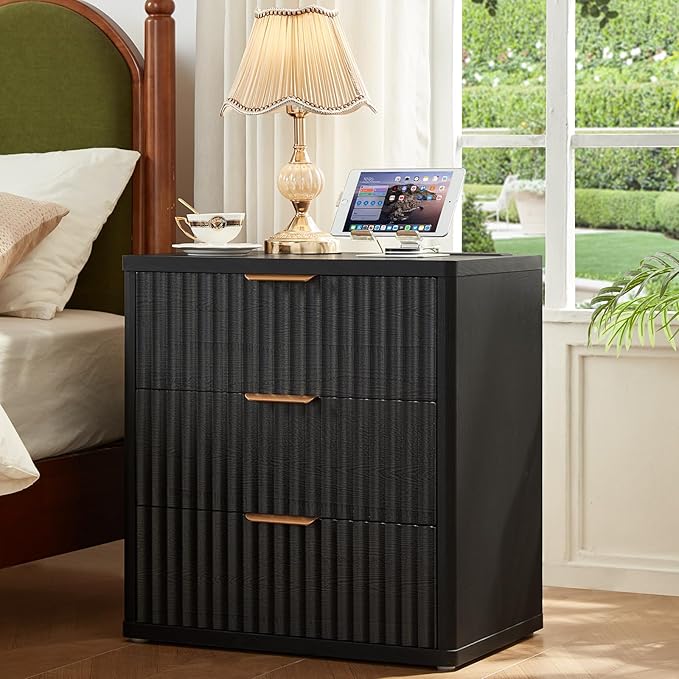 LEYAOYAO 48" Wide Fluted Dresser and 3 Drawers 23" Nightstand Set of 2, Wooden Dresser & Night Stand with Charging Station, 3 Piece Bedroom Furniture Set, Wood Chest of Drawer for Living Room,Black
