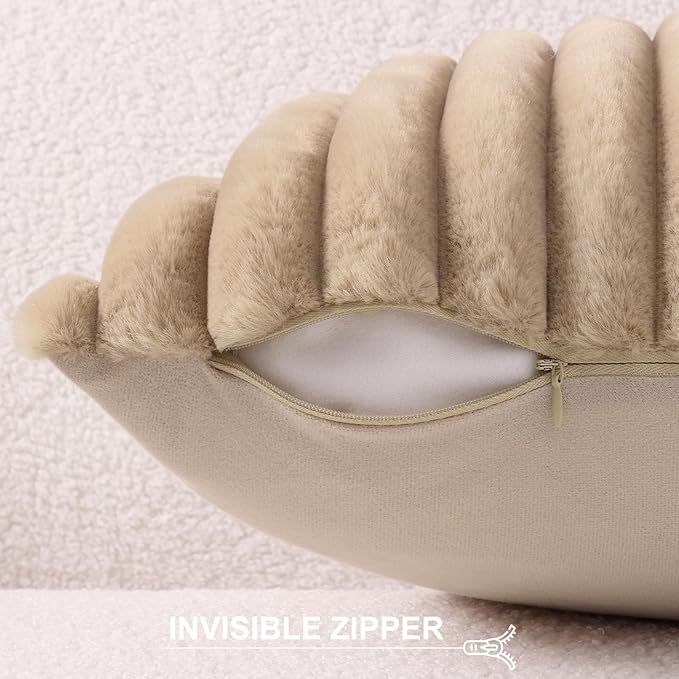 Pallene Faux Fur Plush Throw Pillow Covers 20x20 Set of 2, Luxury Soft Fluffy Striped Decorative Pillow Covers for Sofa, Couch, Living Room, Khaki
