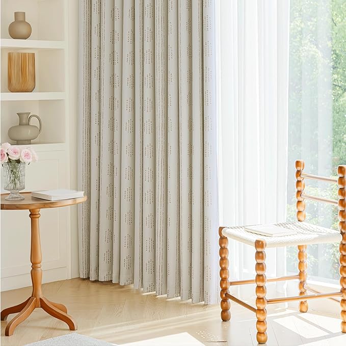 100% Boho Blackout Curtains 90 Inches Long for Bedroom, Taupe on Beige Patterned Bohemian Curtains for Living Room, Geometric Striped Thermal Insulated Window Drapes Gromment Top 2 Panels
