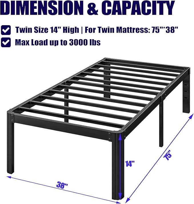 Hunlostten 14in Heavy Duty Twin Bed Frame No Box Spring Needed, Metal Platform Bed Frame Twin with Round Corners, Easy Assembly, Noise Free, Black
