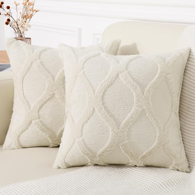 decorUhome Spring Euro Sham Throw Pillow Covers 22x22 Inch Set of 2, Soft Plush Faux Fur Wool Beige Couch Pillow Covers, Decorative Neutral Pillow Cases for Bed Sofa Living Room Home Decor