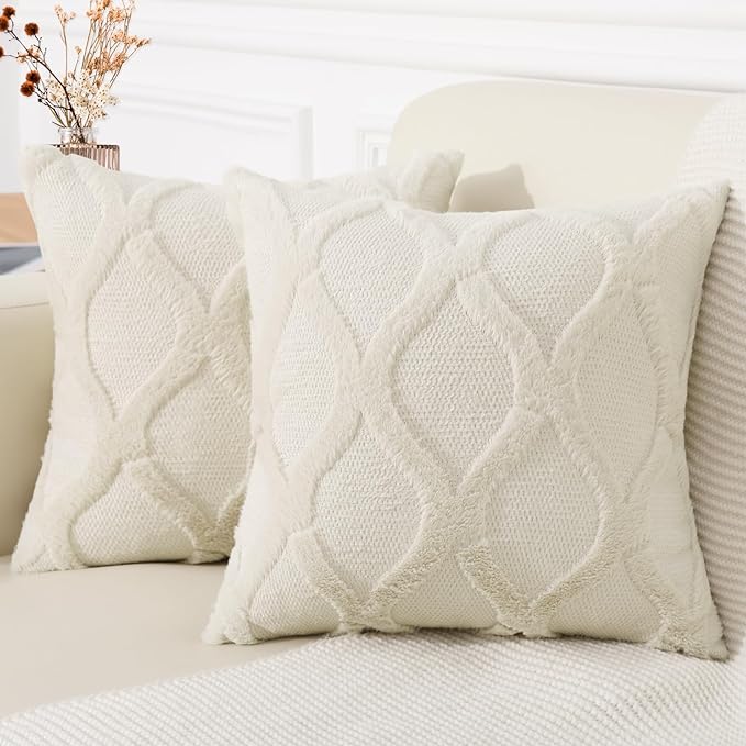 decorUhome Spring Euro Sham Throw Pillow Covers 26x26 Inch Set of 2, Soft Plush Faux Fur Wool Beige Couch Pillow Covers, Decorative Neutral Pillow Cases for Bed Sofa Living Room Home Decor