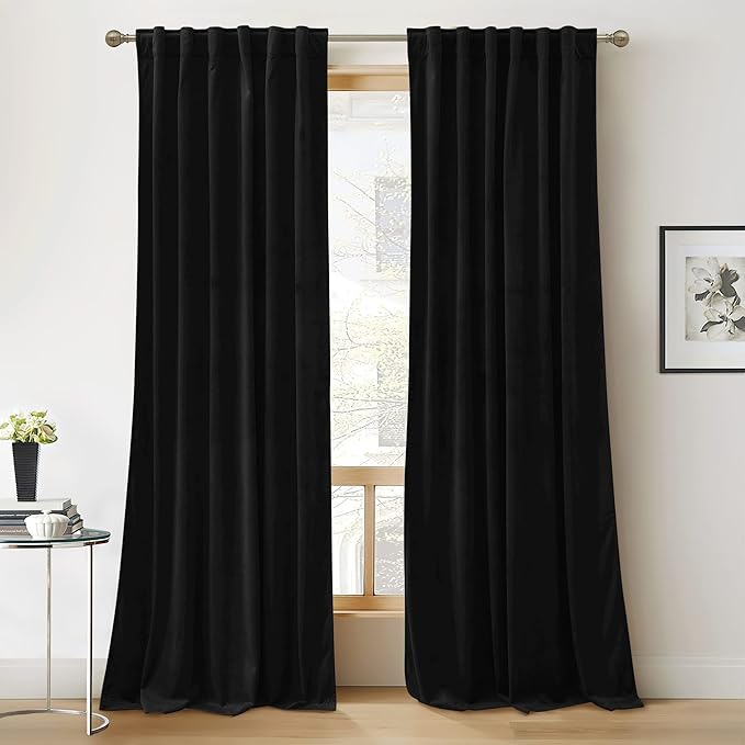 RYB Home Black Velvet Curtains 84 inches - Blackout Heavy Duty Curtains Soft Luxury Back Tap Window Covering Privacy Protection for Kids Room Bathroom Basement, Black, W52 x L84 inches, 2 Panels
