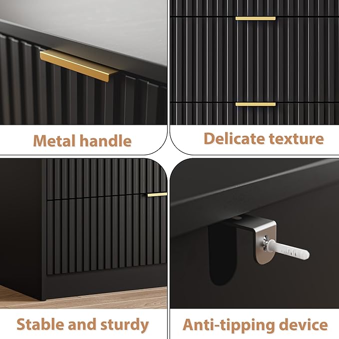 3-Piece Dresser Bedroom Set, 5 Drawer Dresser & 2 Drawer Nightstands with Gold Handles, Fluted Wood Chest of Drawers for Bedroom, Living Room, Entryway, Black
