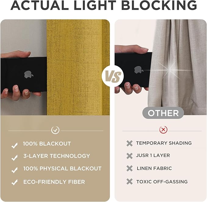 Joydeco Linen Blackout Curtains for Bedroom - 100% Light Blocking 1 Panels, Yellow Drapes 100" W x 120" L, Thermal Insulated Room Darkening Curtains for Living Room, Rod Pocket & Back Tabs