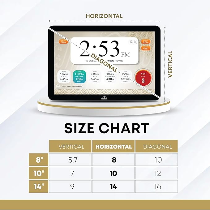 Masjidal 14" Digital Azan Clock with WiFi, Dynamic Touch Screen, Worldwide Prayer Times, Full Quran Player, Islamic Art, Streaming Halal Muslim Content: Duas, Dhikr, Hadith, Surah of The Day, Black