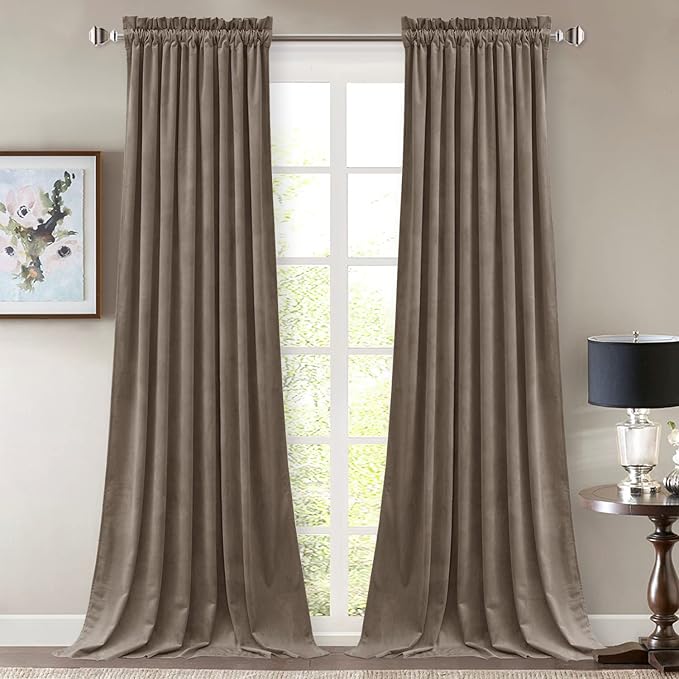 StangH Taupe Curtains 102 inches Rod Pocket Room Darkening Drapes for Dining Room, Heavy Soft Velvet Thermal Curtains for Bedroom, Modern Neutral Home Decor, W52 x L102, 2 Panels