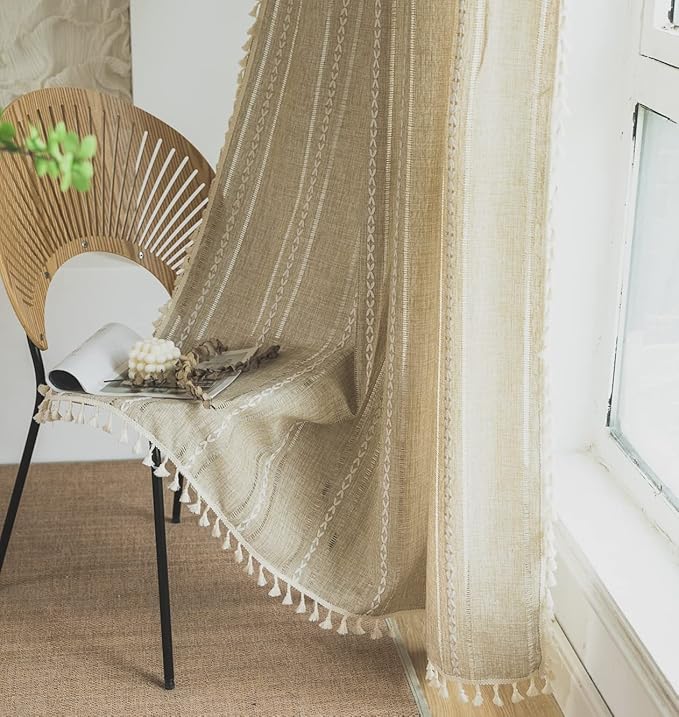 Sutuo Home Boho Curtains for Bedroom Living Room 63 Inch Length, Light Filtering French Country Farmhouse Vintage Shabby Chic Tassels Hollow Window Treatment Bohemian Drape 1 Panel 52"W x 63"L Natural