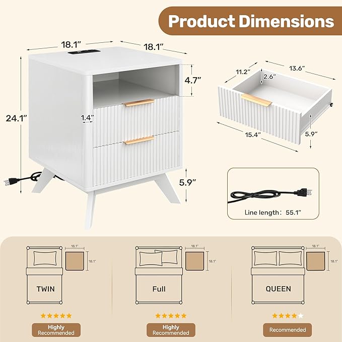 Modern Nightstand Set of 2, Side Table with Charging Station,Bedside Tables with Drawer, Mid-Century End Tables for Bedroom, Sturdy Storage Side Tables,White