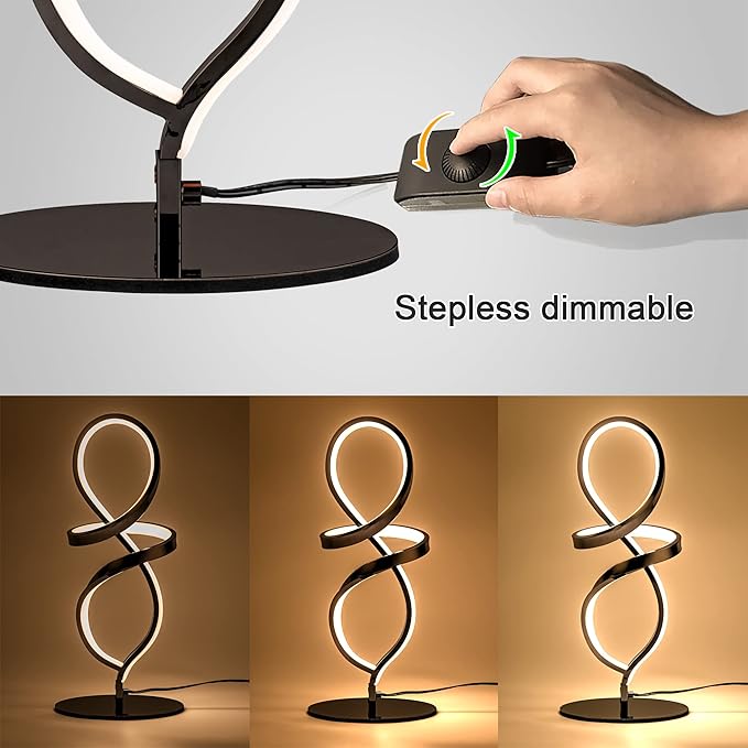 Mayful Modern Table Lamp with LED Spiral Design, Bedside Lamp with Stepless Dimming Switch, Contemporary Nightstand & Black Table Lamp for Bedroom, Living Room, Home Office, 12W 3200K Warm White