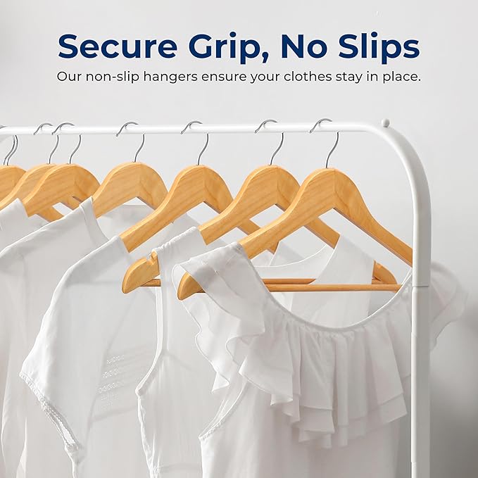 SereneLife Solid Wooden Hangers, Mega Pack, 50 Pieces Hangers for Clothes, Heavy Duty Suit Hanger Set with Chrome 360 Degree Swivel Hook, Notched Design, Natural Wood Color