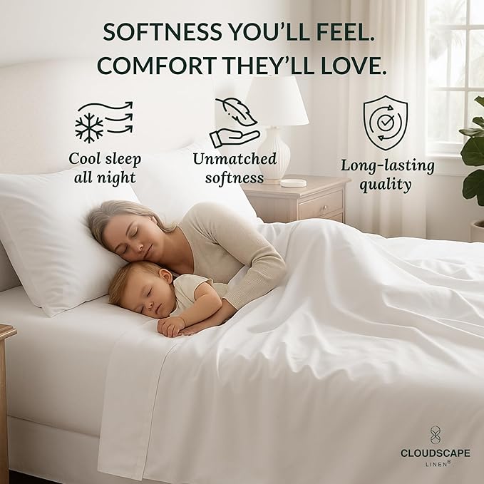 Cloud Scape Linen 100% Egyptian Cotton Sheets Full Size, 4 Pieces Luxury Bedding Set, 400 Thread Count,Hotel Quality, Silky Soft, Deep Pockets up to 17, White