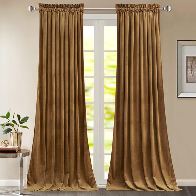 StangH 120 inches Curtains Gold Brown Blackout Velvet Drapes for Bedroom, Retro Thermal Insulated Light Blocking Window Curtains for Living Dining Room, W52 x L120, 2 Panels