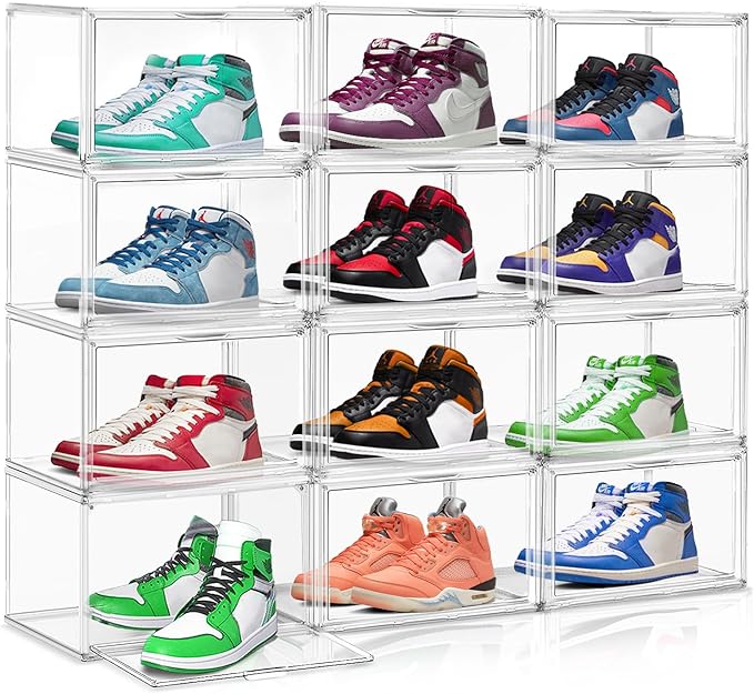 10 Pack Acrylic Shoe Storage Boxes Size 12, Stackable Sneaker Display Case Shoe Containers with Magnetic Lid, Clear Shoe Storage Cabinet for Entryway, Closet, Underbed