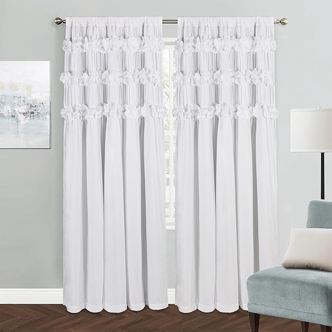 White Blackout Drapes - Handmade Ruffles & Butterfly Flower Accents Heat Blocking Window Curtain 52" W x 96" L (Pair) - Thermal Insulated, Soundproof & Light Reducing Curtains (LQ-37)