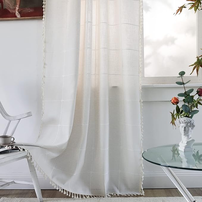 Sutuo Home Boho Curtain for Bedroom 84 Inch Length, Light Filtering Country Farmhouse Vintage Chic Tassels Window Treatment Bohemian Grid Drape for Decor 1 Panel 52" W x 84" L, Cream White Plaids