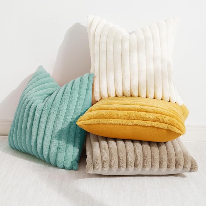 decorUhome Faux Fur Spring Throw Pillow Covers 22x22 Set of 2, Decorative Soft Plush Striped Neutral Couch Euro Sham Pillow Covers with Velvet Back for Sofa, Bed, Living Room Home, Aqua