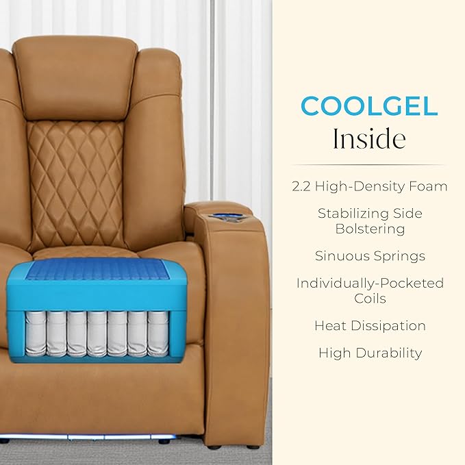 Seatcraft Diamante Zero-Gravity CoolZero Italian Leather Home Theater Seating, Power Headrest, Power Recline, Row of 3 Left Loveseat, Tan Oak