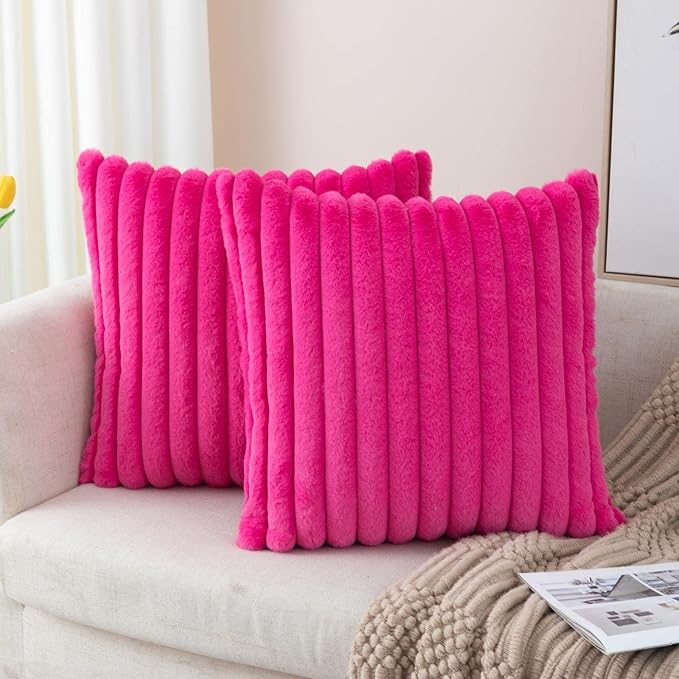 ZLINA Set of 2 Hot Pink Faux Fur Decorative Throw Pillow Covers Fluffy Striped Pillowcase Cushion Covers 24 x 24 Inch Decor Sofa Couch Bedroom
