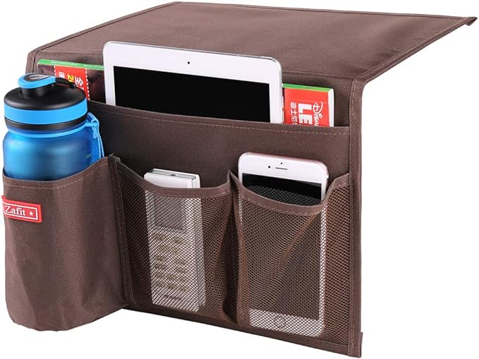 Zafit Bedside Storage Organizer - Table Cabinet Organizer Caddy for Remotes, Phone, Glasses (4 Pockets - Coffee)